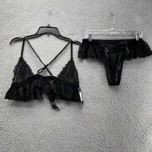 Oh La La Cheri Sleepwear Womens Large‎ XL Black 2 Piece Lacy Triangle Cross Back